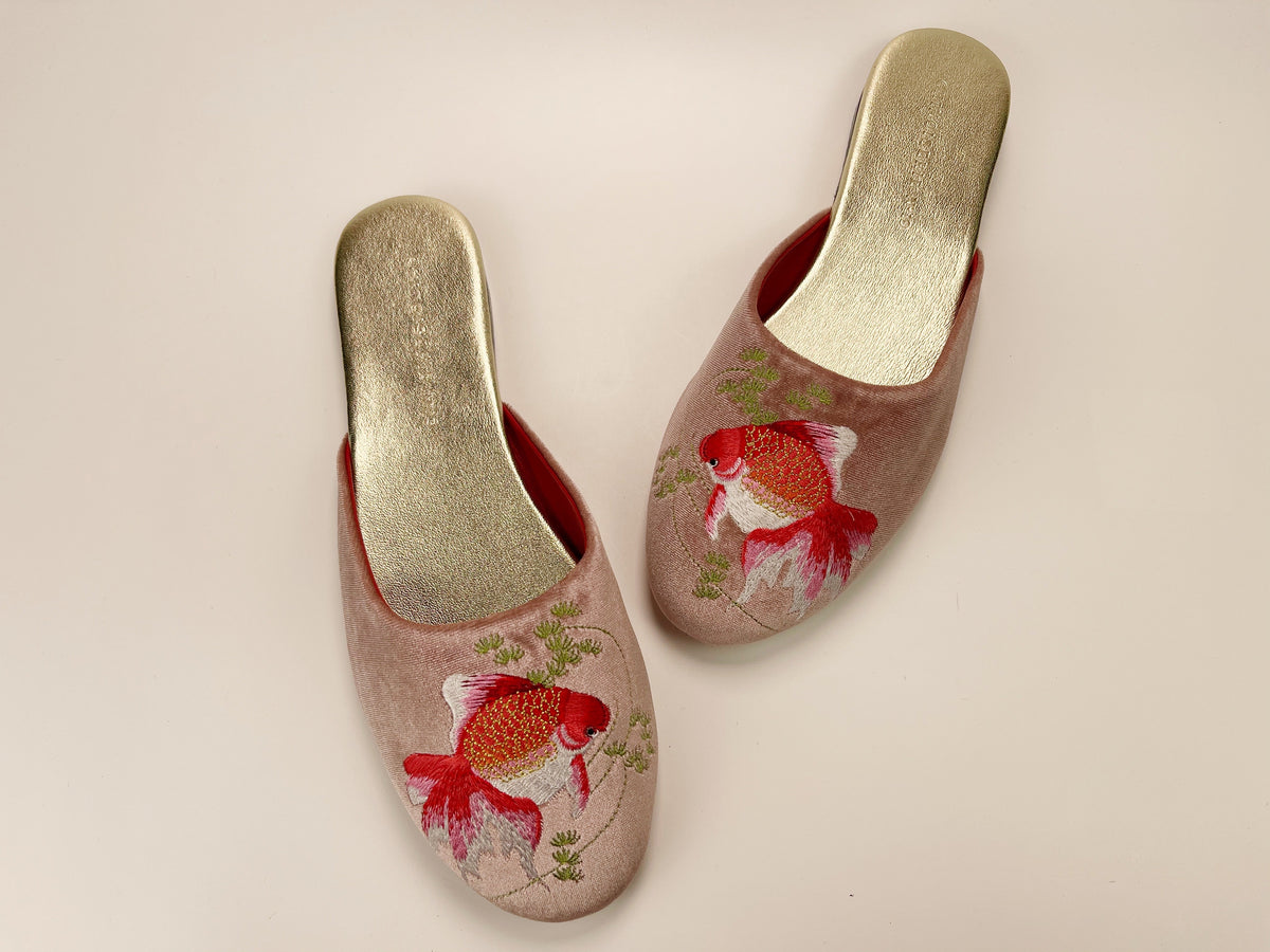 Dusty pink velvet mule slippers with goldfish embroidery, slip-on design
