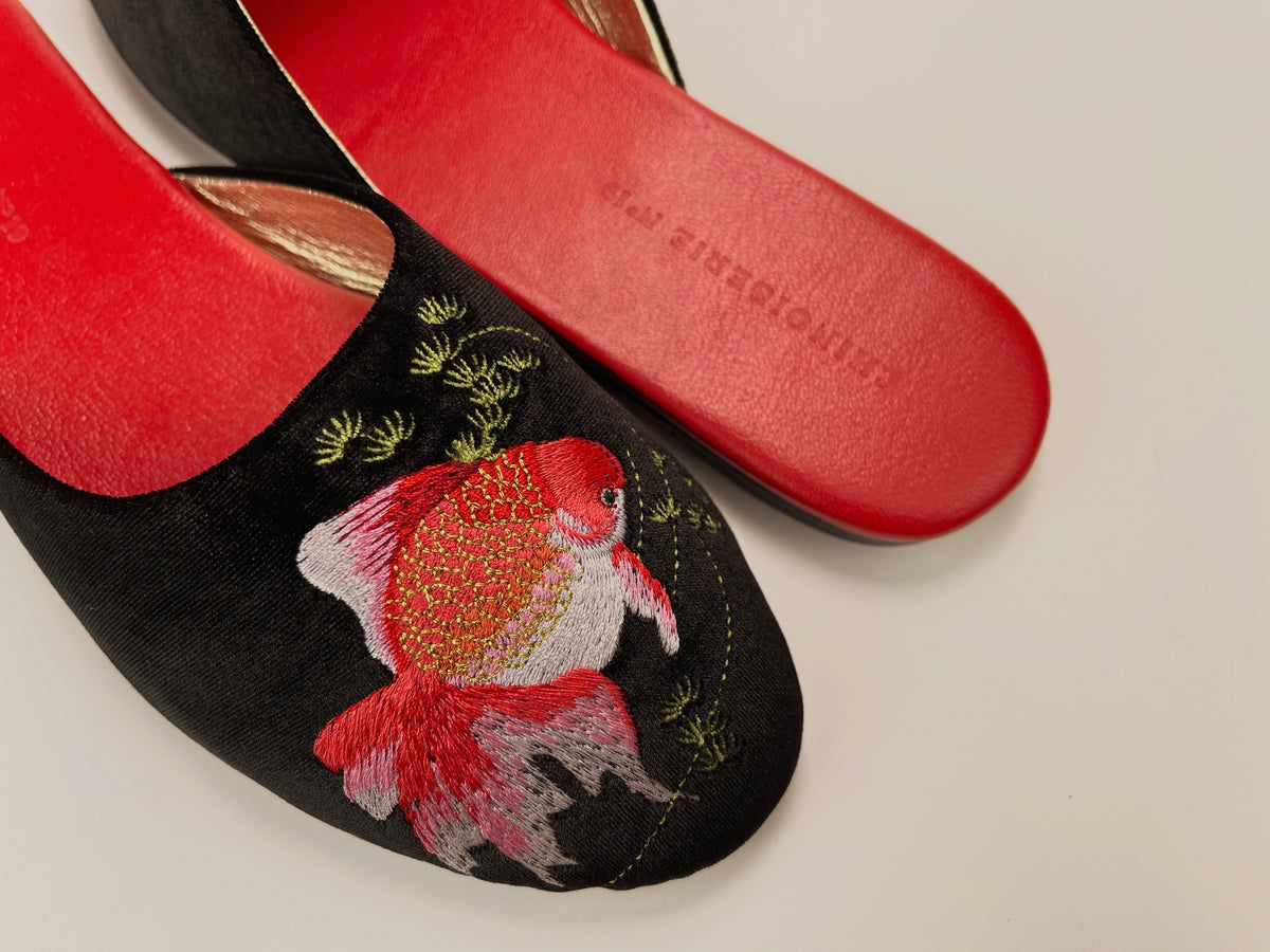 Black velvet mule with goldfish embroidery on front, red insole