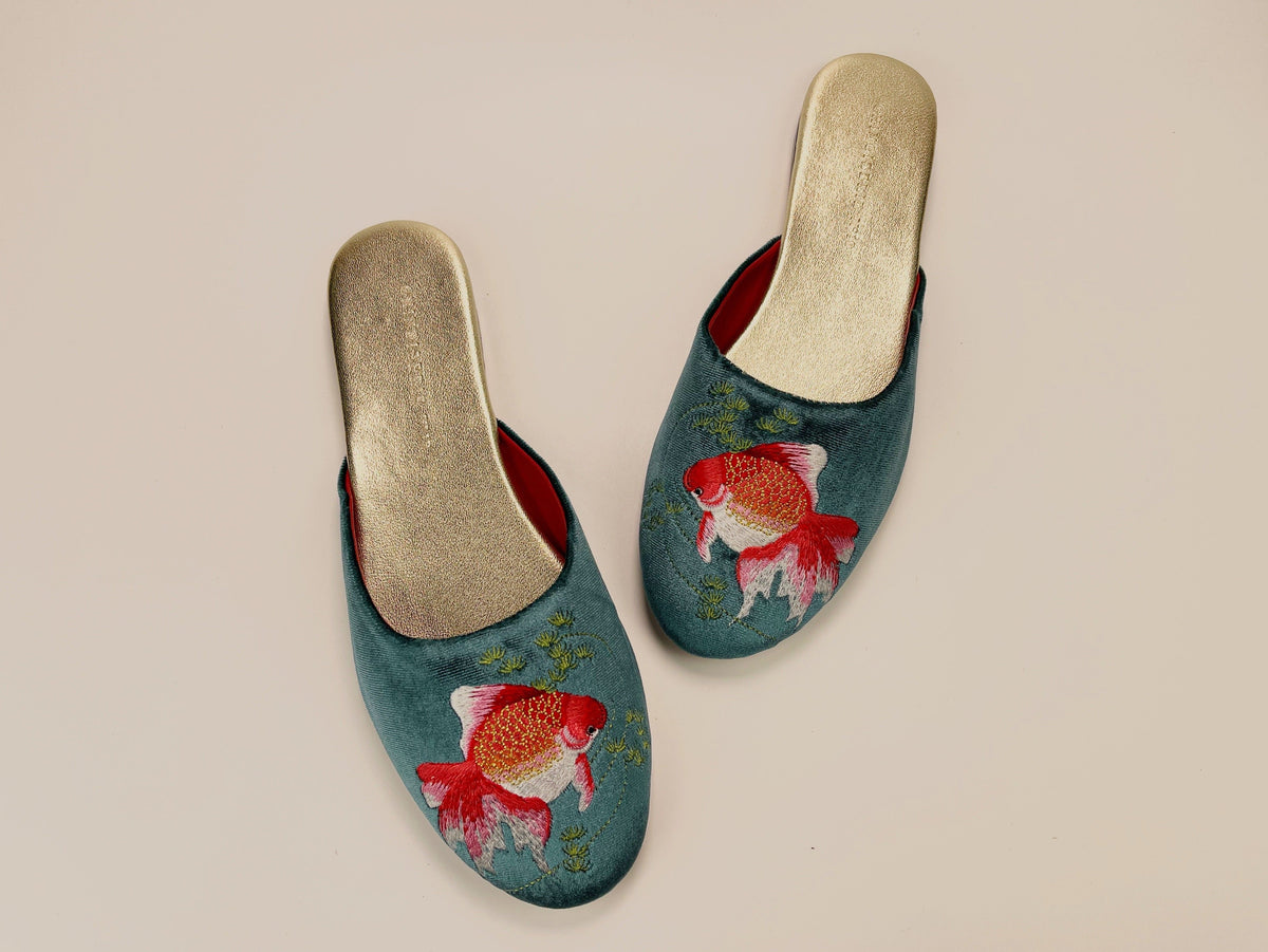 Teal velvet mule slippers with goldfish embroidery and cushioned insoles, gold trim