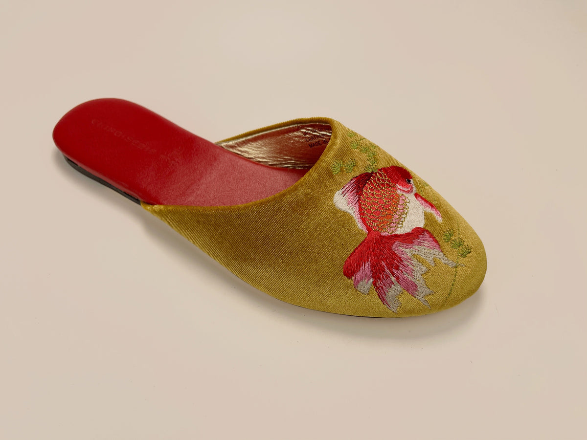 Gold velvet mule slipper with red and white goldfish embroidery and red interior