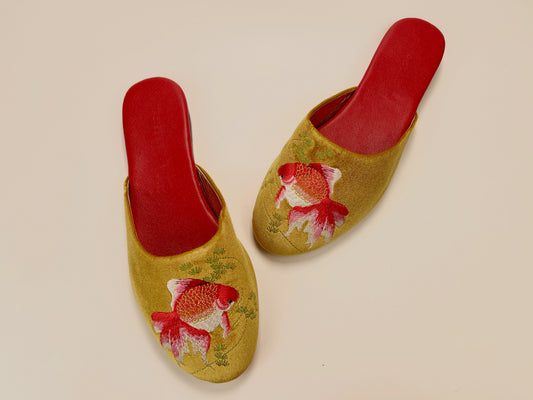 Gold velvet mule slippers with red and white goldfish embroidery, red inner lining