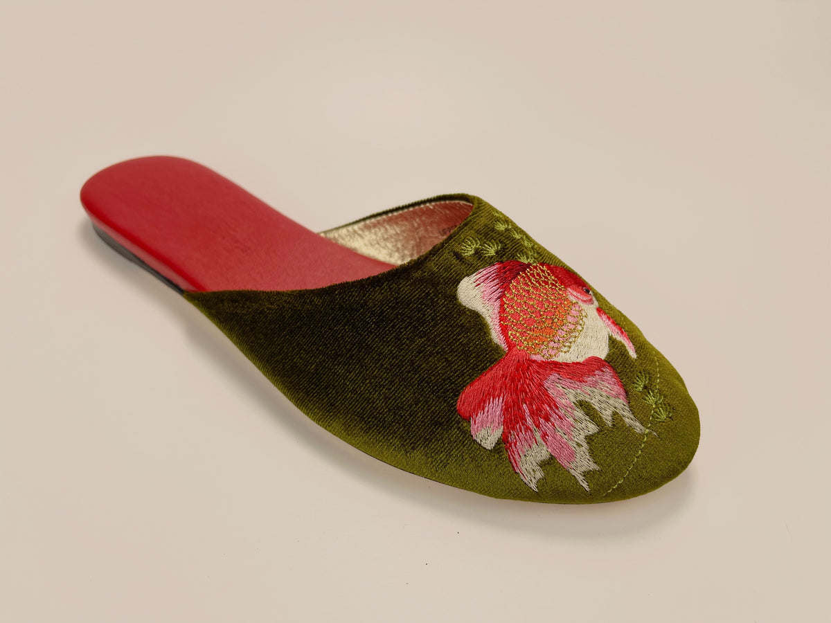 Olive velvet mule slipper with red goldfish embroidery and red slip-on lining