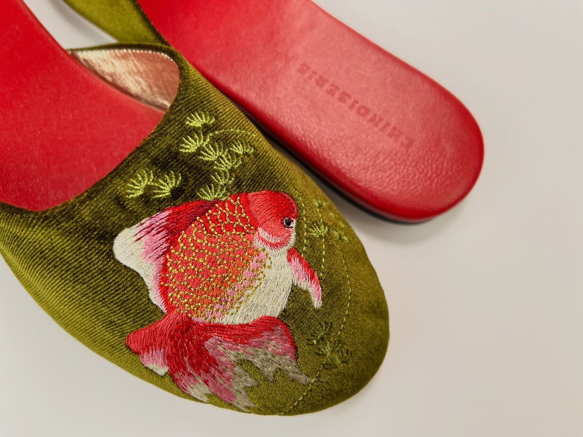 Olive velvet mule with red goldfish embroidery, red lining, and pointed toe