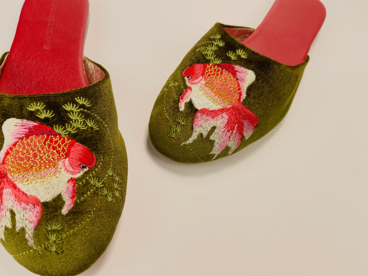 Olive velvet mule slippers with red goldfish embroidery and low slip-on design