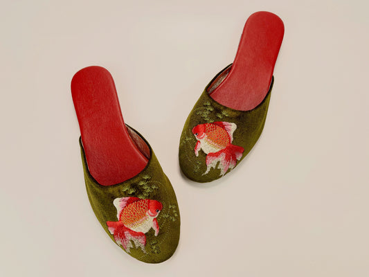 Olive velvet mule slippers with red goldfish embroidery and red insoles
