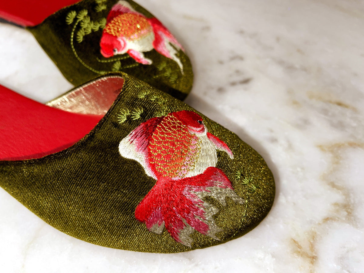 Olive velvet mule slippers with red goldfish embroidery and red interior lining