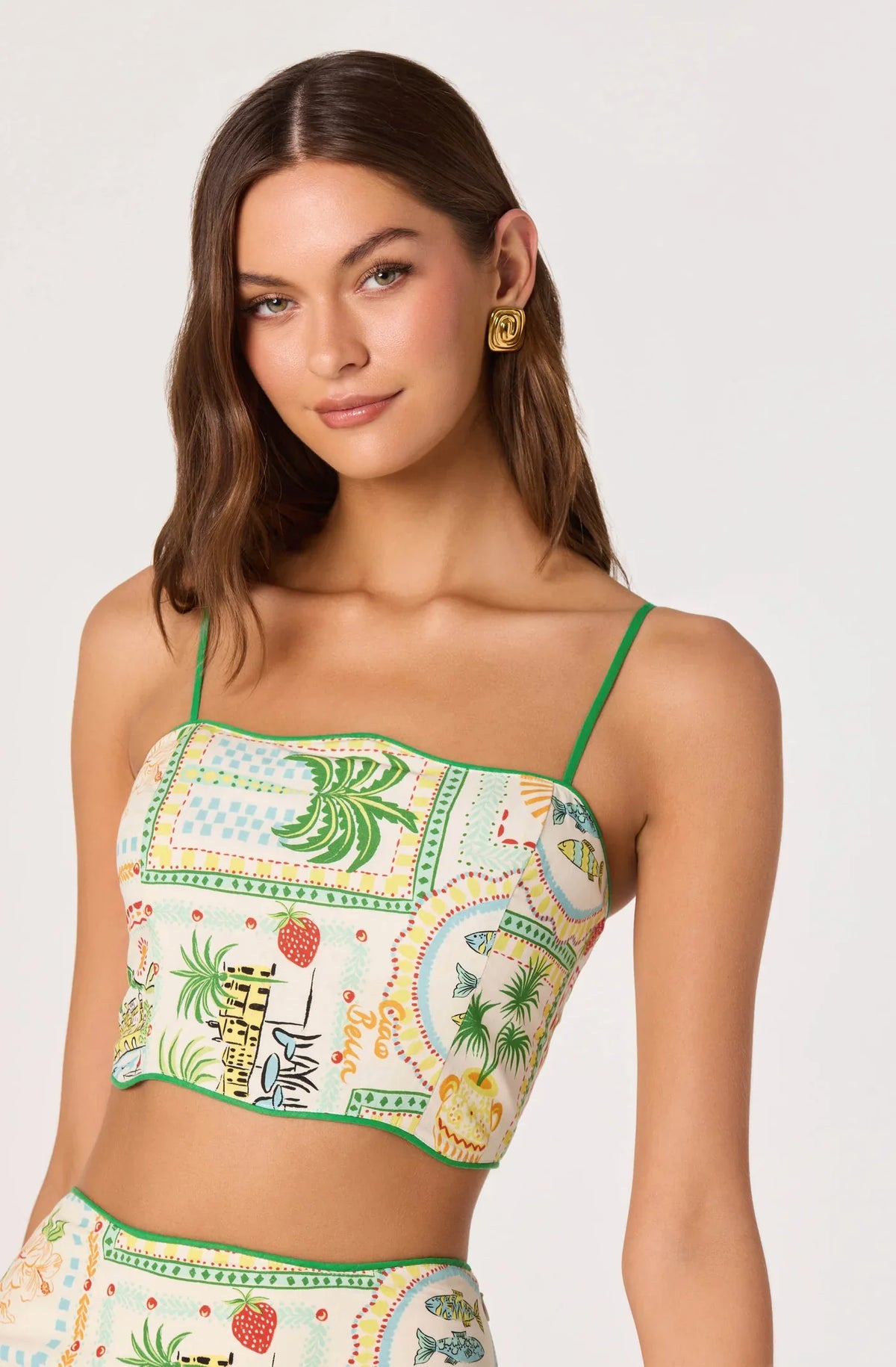 Green and yellow farm print cropped camisole top with thin straps and square neckline