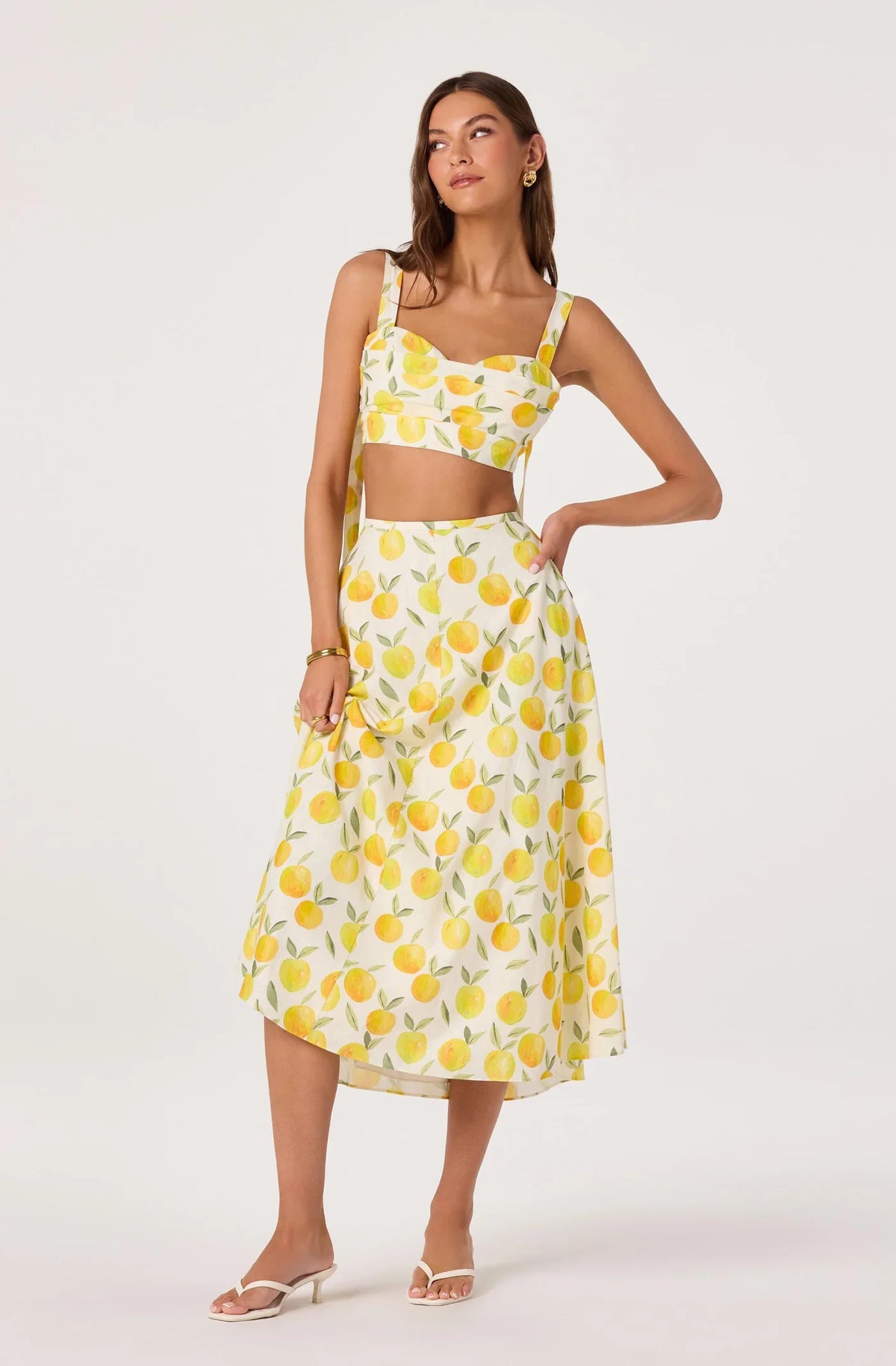 Lemon print crop top with square neck and thin adjustable shoulder straps