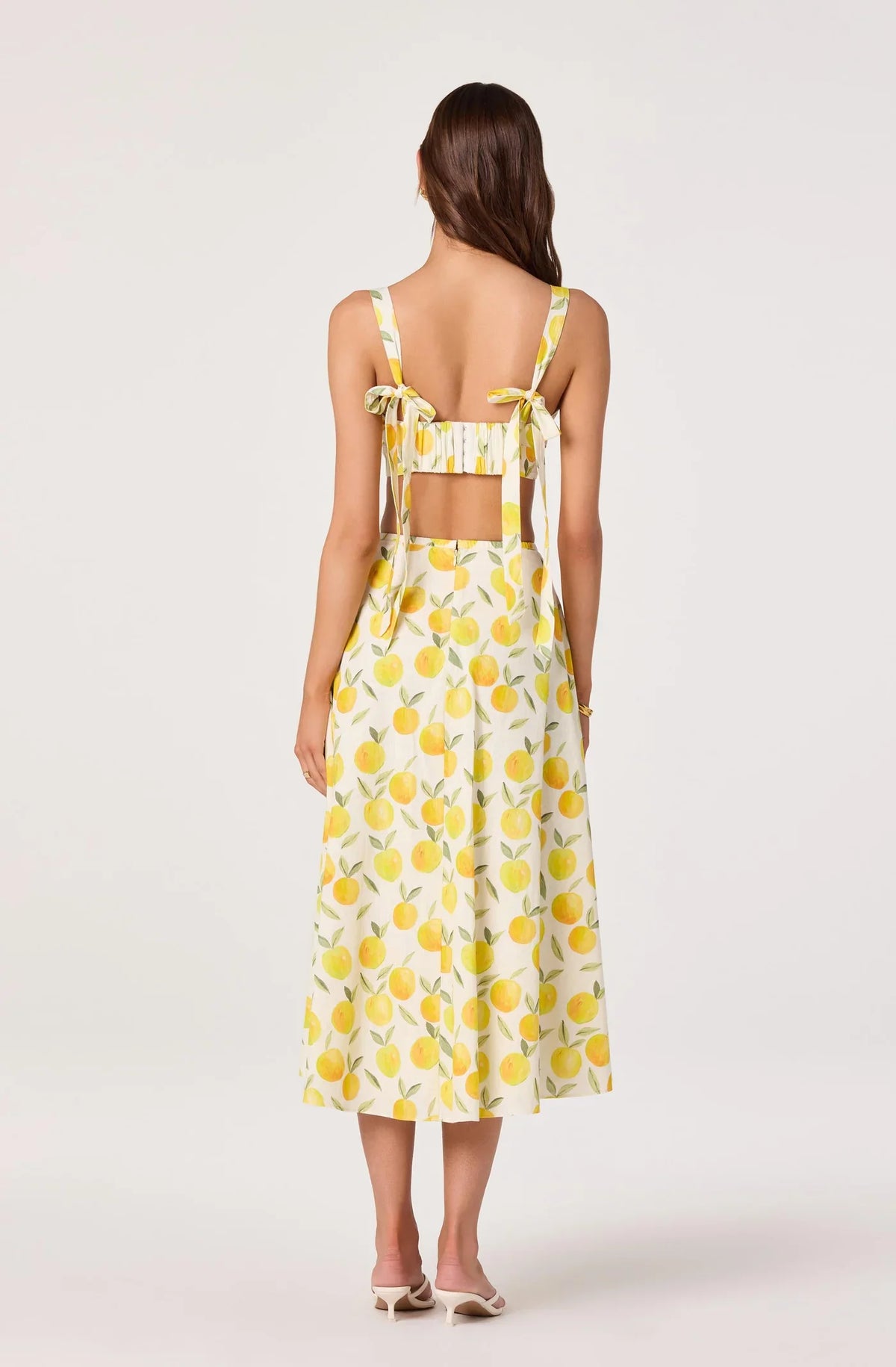 Lemon print crop top with open back and tie shoulder straps