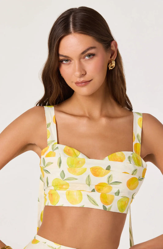 Lemon print crop top with square neckline and thin shoulder straps