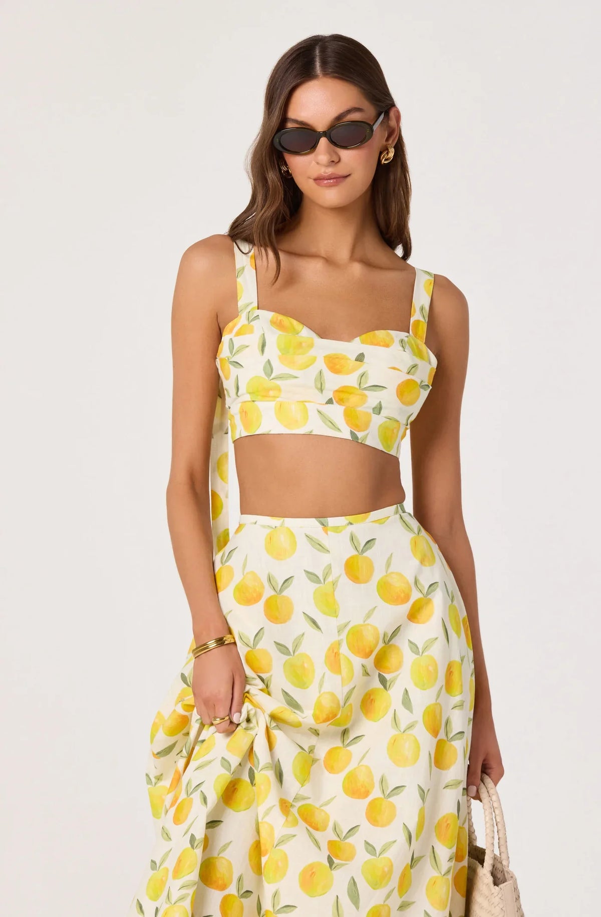 Lemon print crop top with square neckline and thin straps