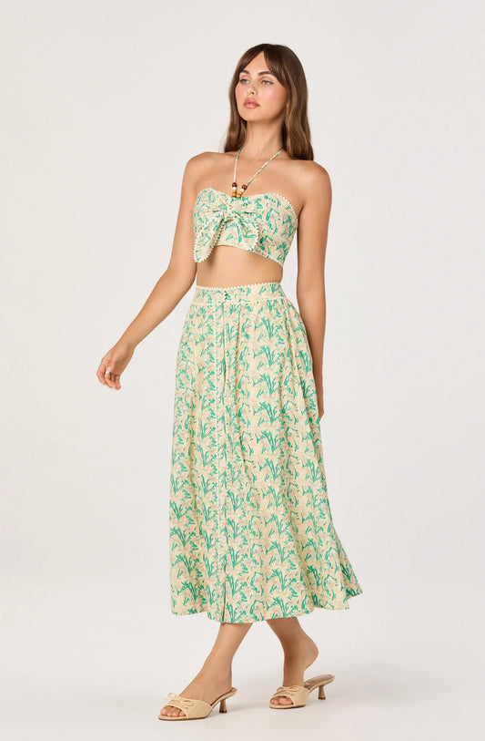 Floral halter crop top with gathered bust and scalloped trim in teal and cream