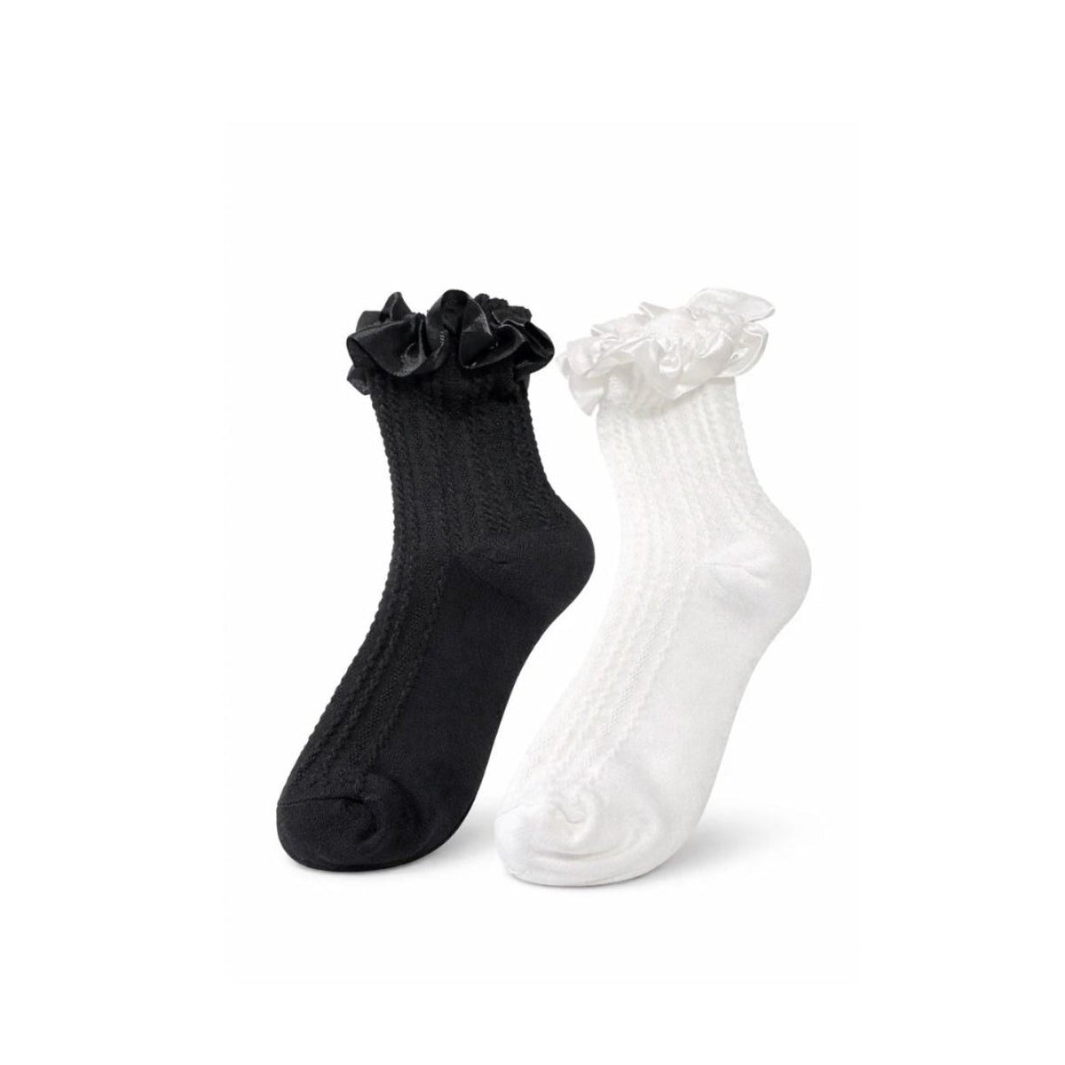 Ruffle ankle sock pair, black and white, satin-trim frilly cuffs