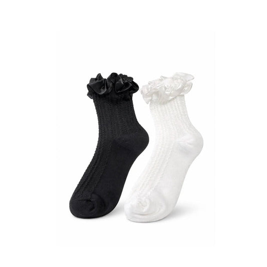 Ruffle ankle sock pair, black and white, satin-trim frilly cuffs