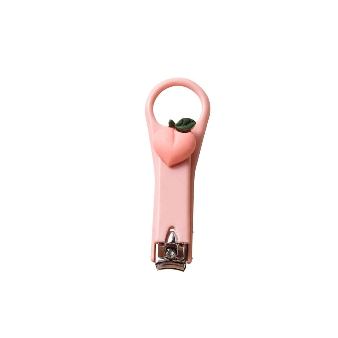 Peach-pink stainless steel nail clipper with curved finger loop handle