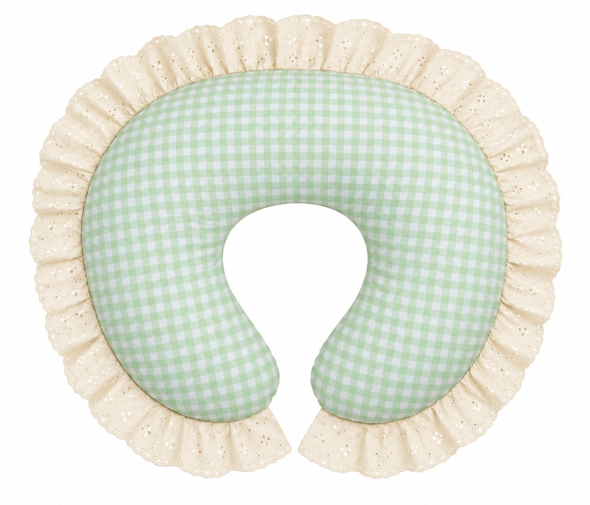 Nursing pillow cover with sage green gingham and ivory eyelet lace ruffle