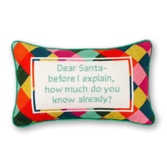 Dear Santa needlepoint holiday pillow with multicolor geometric border and embroidered message