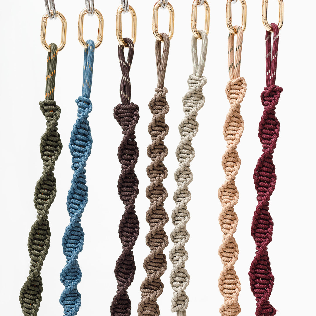 Macrame bag straps with metal carabiner clips in multiple colors, braided design
