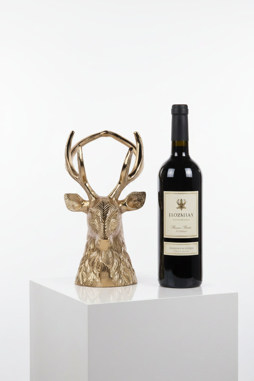 Gold-tone deer head wine bottle holder with tall antlers, shown beside a wine bottle