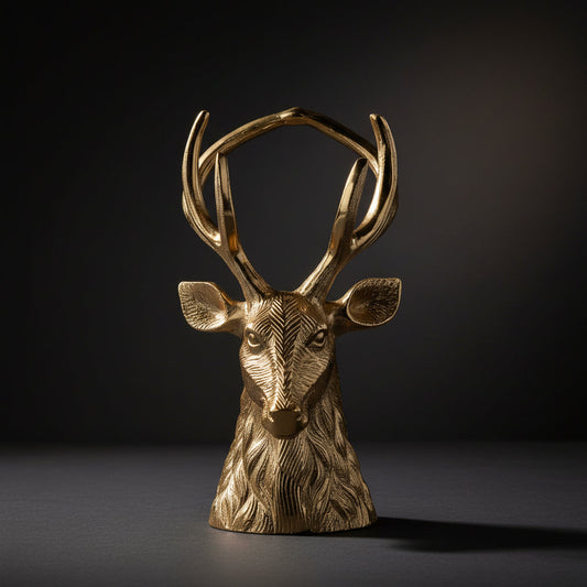 Gold-tone deer head wine bottle holder with sculpted fur and branching antlers