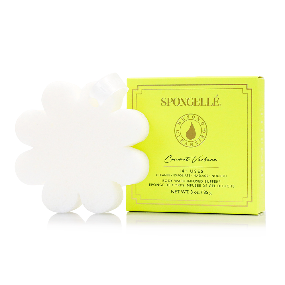 SPONGELLE boxed flower cleanser in lime green, with white flower-shaped sponge