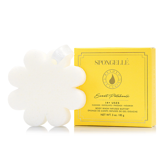 Spongellé Sweet Patchouli flower-shaped body wash buffer with yellow box