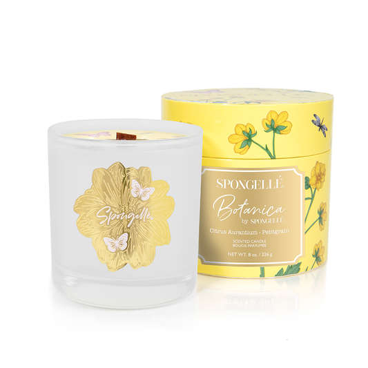 Petitgrain Botanica candle jars, yellow and white with gold floral logo and wick