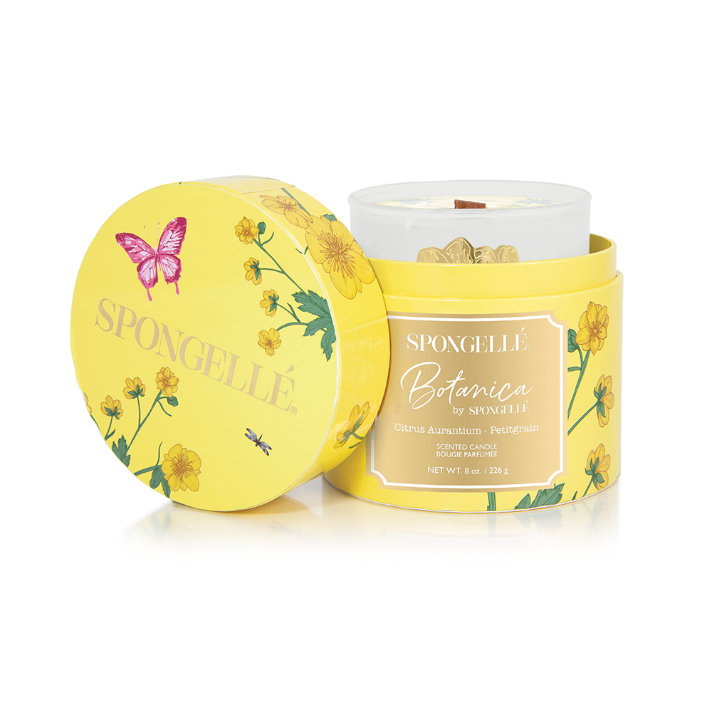 Petitgrain Botanica candle set with yellow container, floral label, and lid