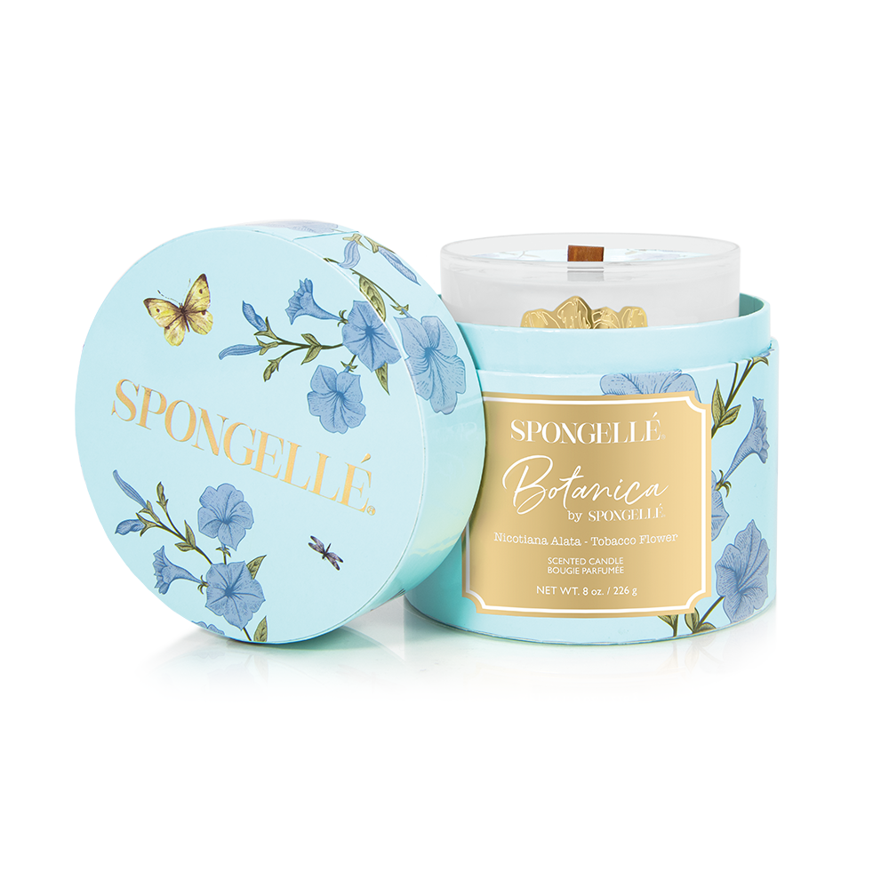 Spongellé Botanica candle in light blue floral tin with lid