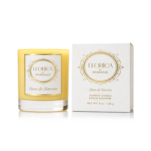 Fleur de Narcisse scented candle in yellow glass jar with Florica box