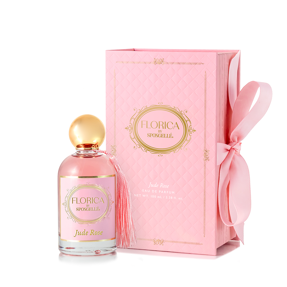 Florica Jude Rose eau de parfum set with pink glass bottle and matching gift box