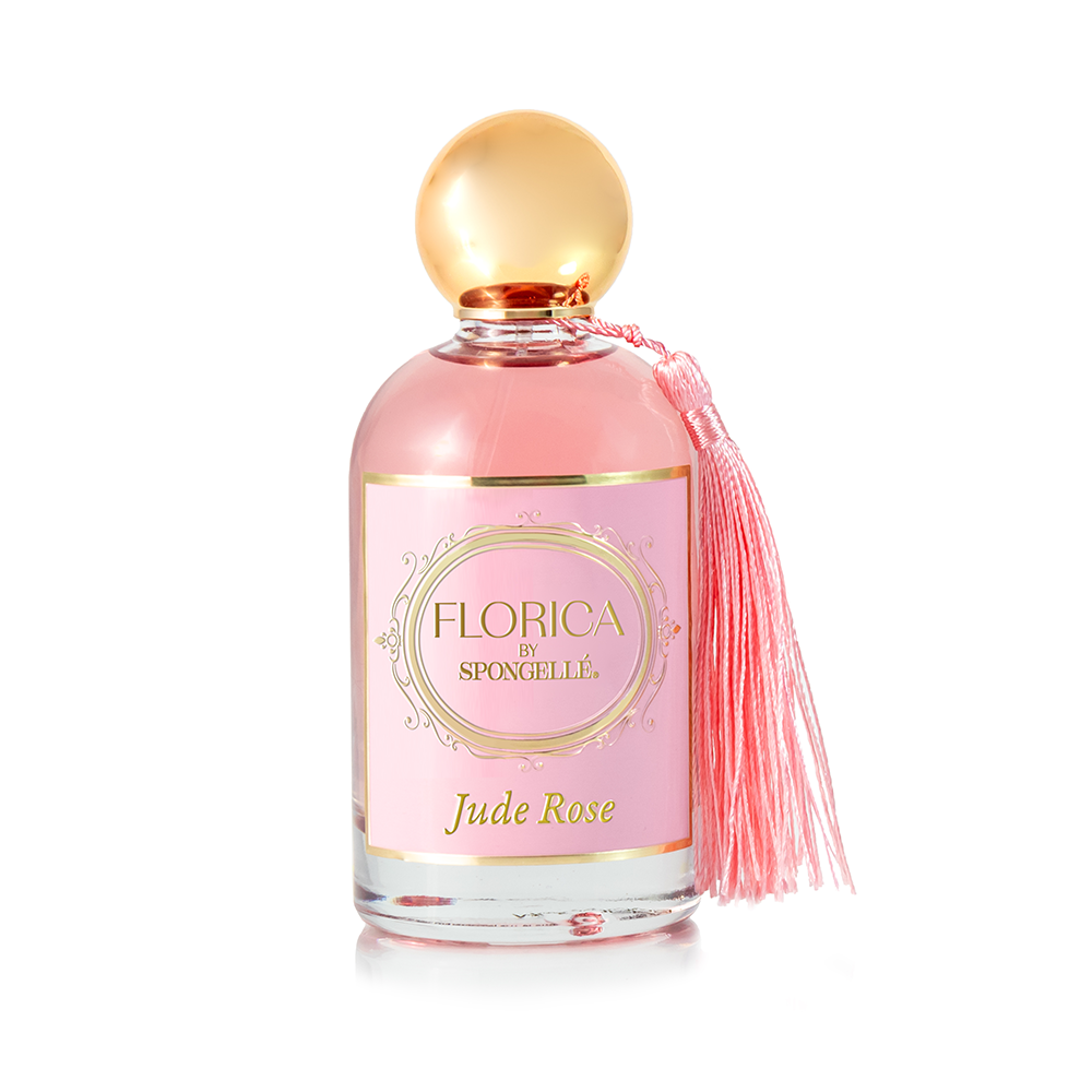 Florica Jude Rose eau de parfum glass bottle with gold cap and pink tassel
