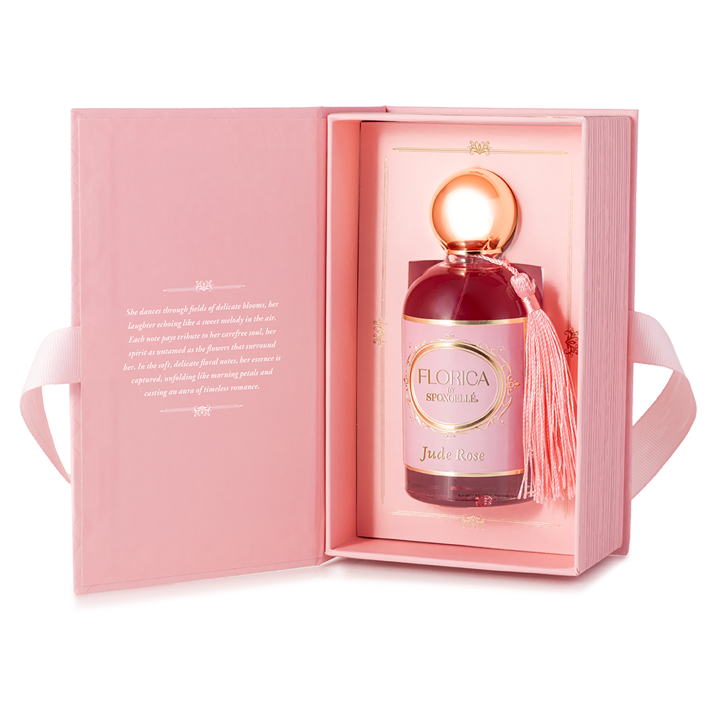 Florica Jude Rose eau de parfum bottle in open pink gift box with ribbon tassel
