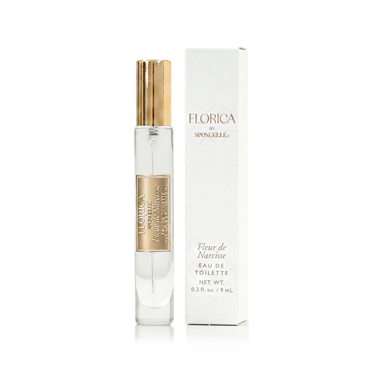 Eau de toilette bottle with gold cap and clear glass; Florica Fleur de Narcisse