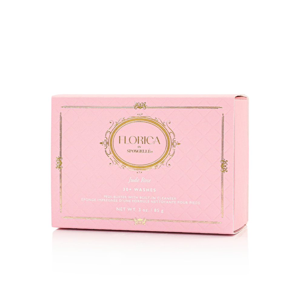 Pink Florica Jude Rose wash foot buffer with product box