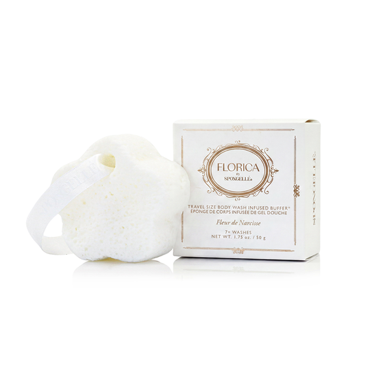 Travel-size body wash buffer sponge by Florica with Fleur de Narcisse box