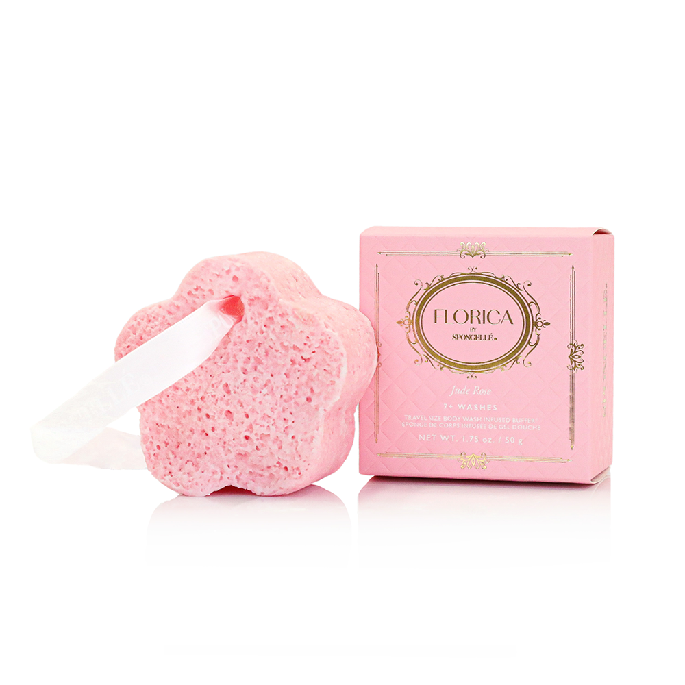 Pink heart-shaped sponge and Jude Rose product box from Florica spa