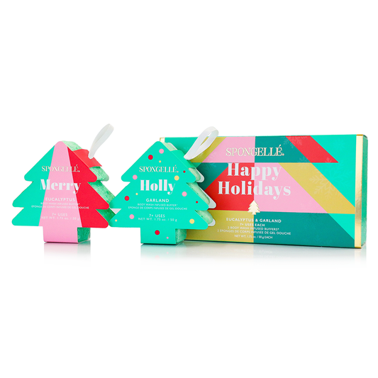 Holiday tree gift set with two tree-shaped sponges and matching box