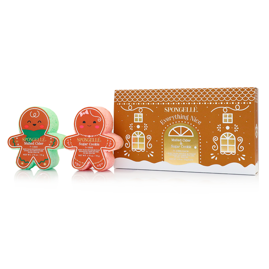 Holiday gingerbread gift set with two SpongeGelle bath sponges in a box