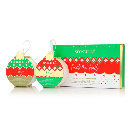 Holiday ornament gift set with two Spongellé bath ornaments and gift box