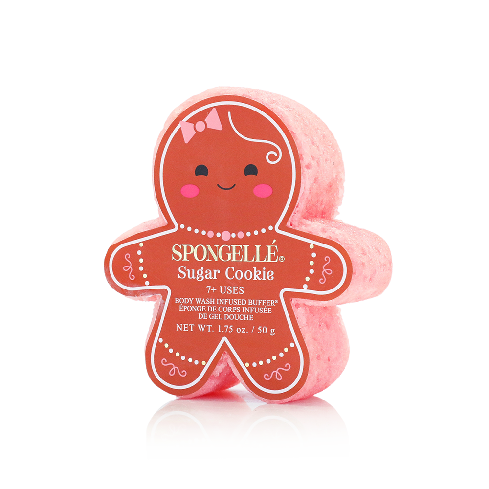 SPONGELLE Sugar Cookie gingerbread-shaped body buffer, pink with face graphic