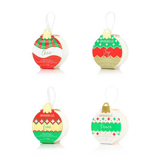 Holiday ornament shower buffers, red and green 'Cheer' design with hanging loop