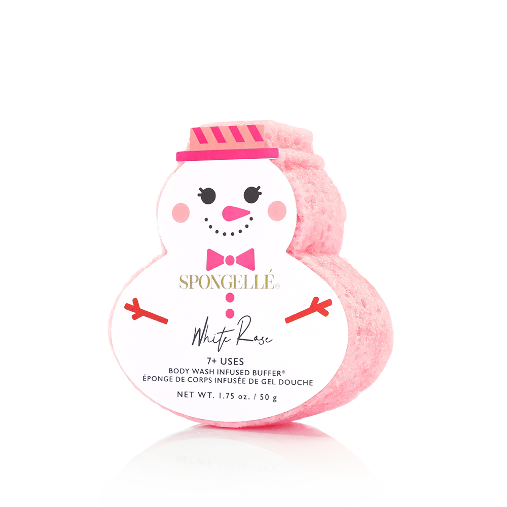 Snowman-shaped body buffer in white and pink with striped hat and bow