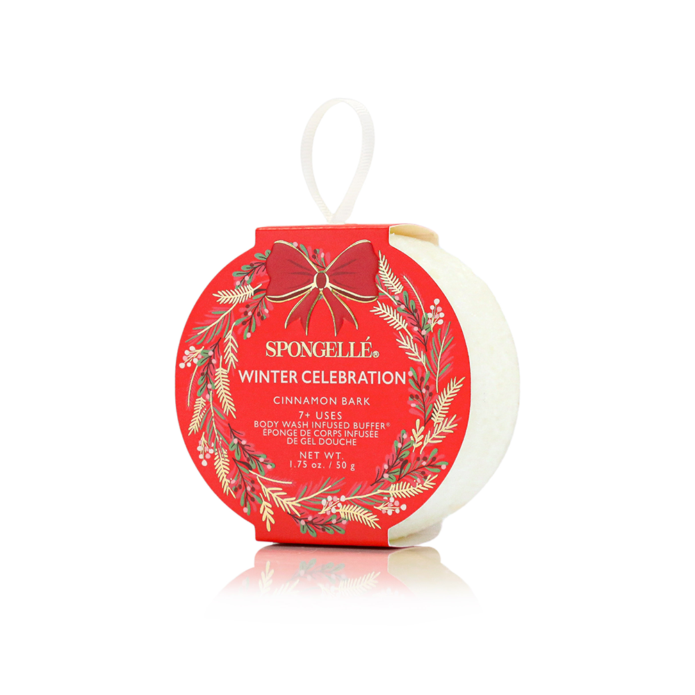Hanging red and white holiday body buffer for cinnamon bark scent