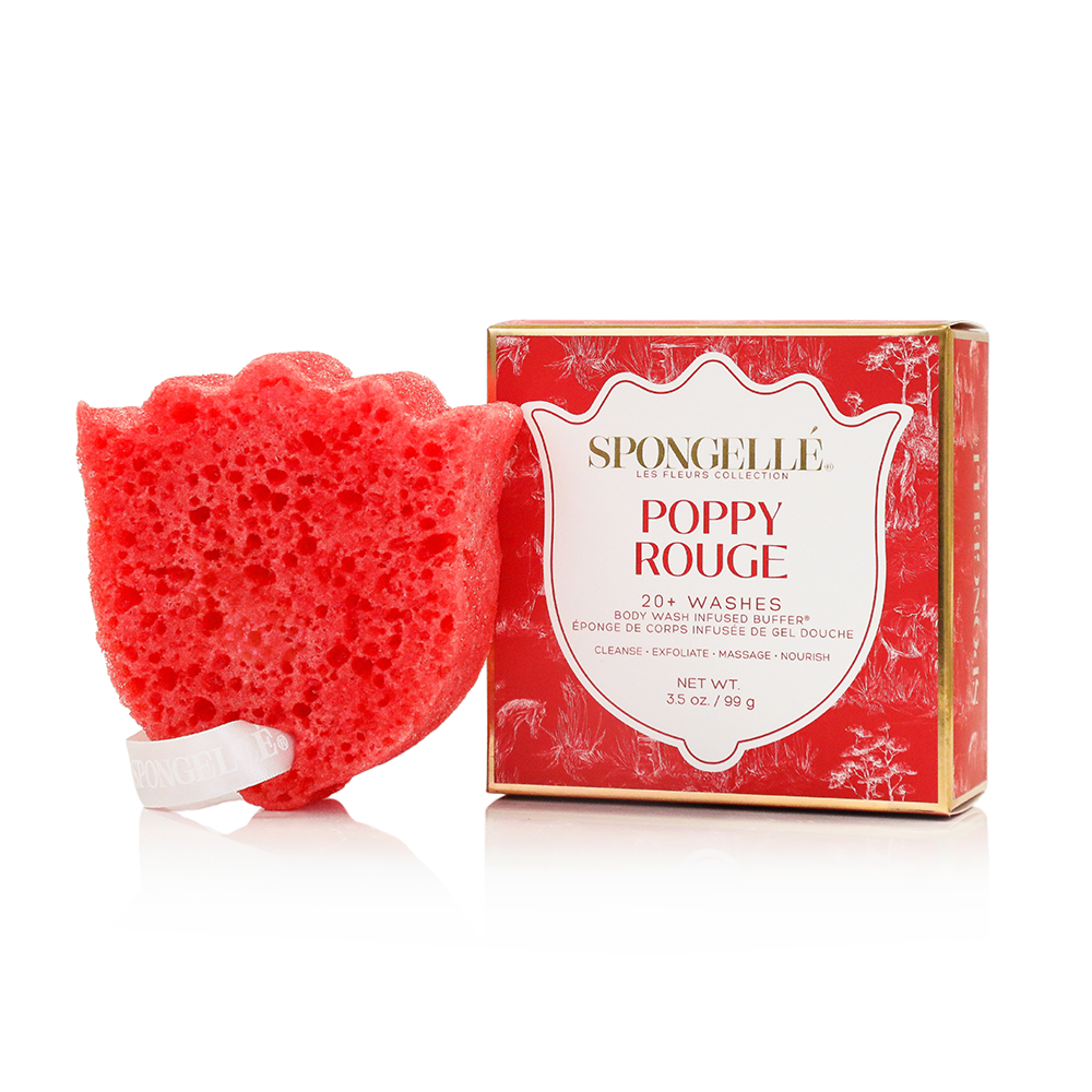 Body buffer sponge set with red flower-shaped sponge and Poppy Rouge box