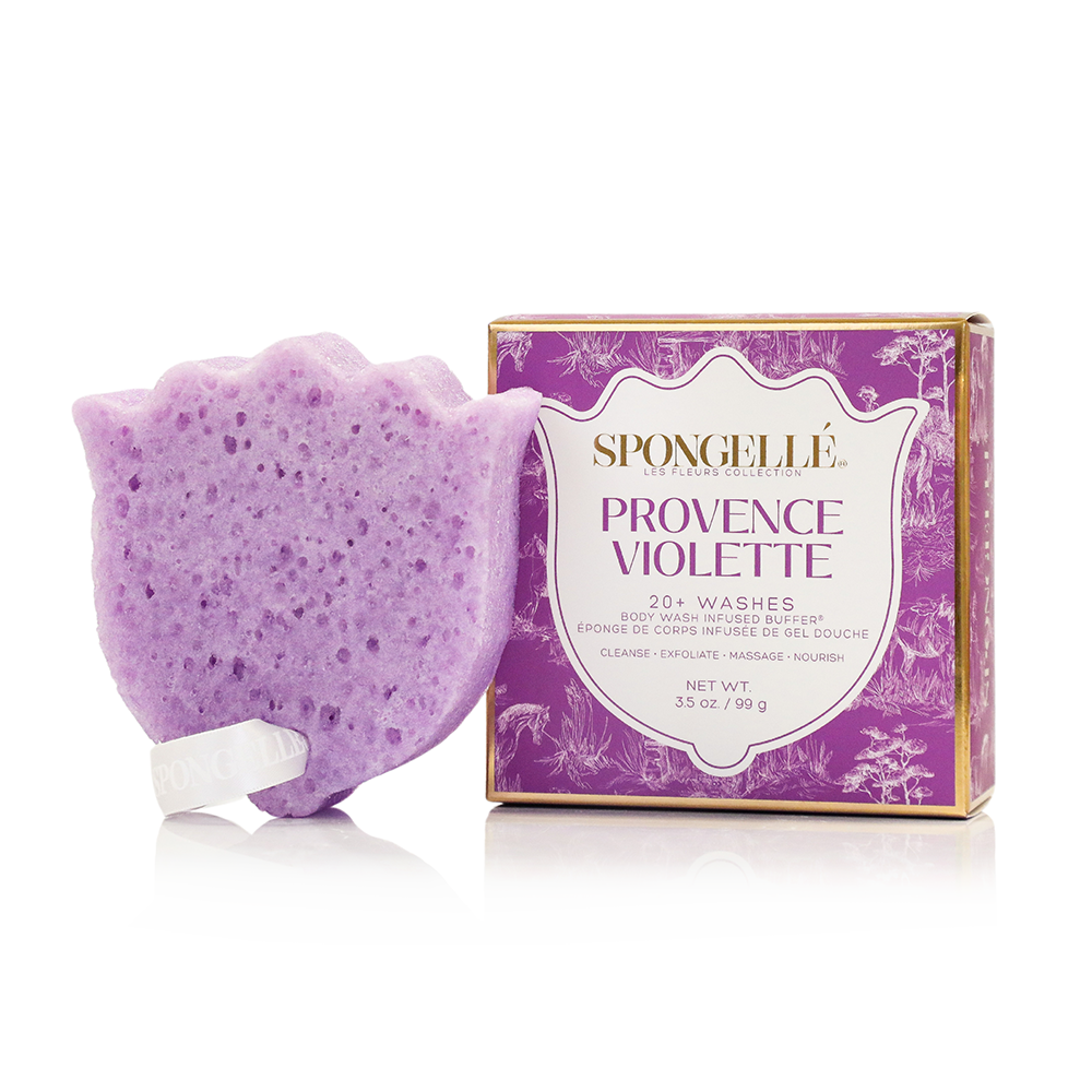 Spongellé Provence Violette body buffer with purple sponge and box