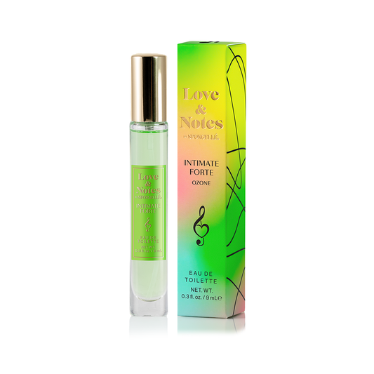 Eau de toilette spray bottle with clear body, gold cap, and green gradient box
