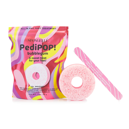 Bubblegum PediPOP foot sponge buffer and pink striped nail file in pouch packaging