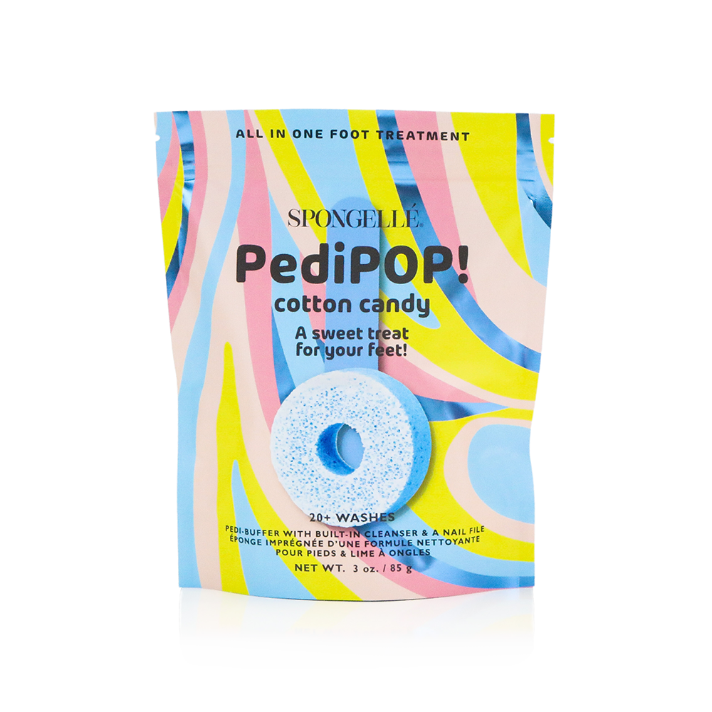 Cotton-candy blue foot sponge buffer with treatment pouch, plus integrated nail file