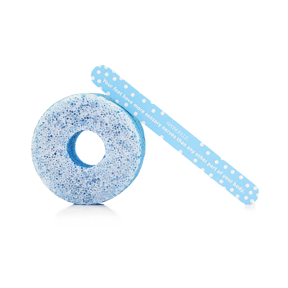 Round blue foot sponge buffer with cotton-candy texture and attached nail file strap